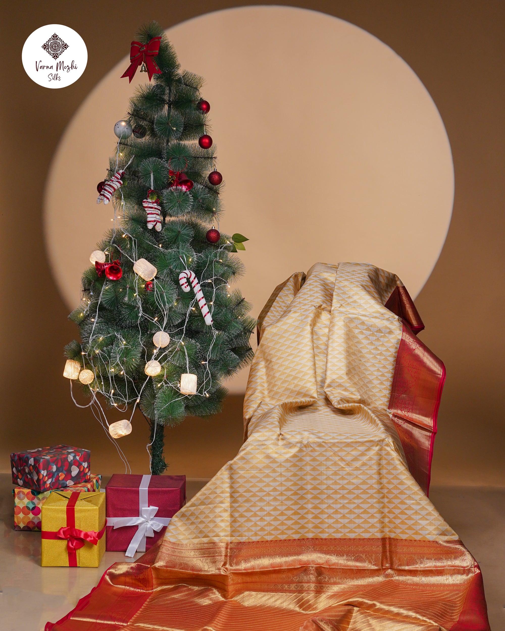 Cream Gold Tissue Kanchipuram Silk Saree with Red Korvai Border & Classic Zari Buttas