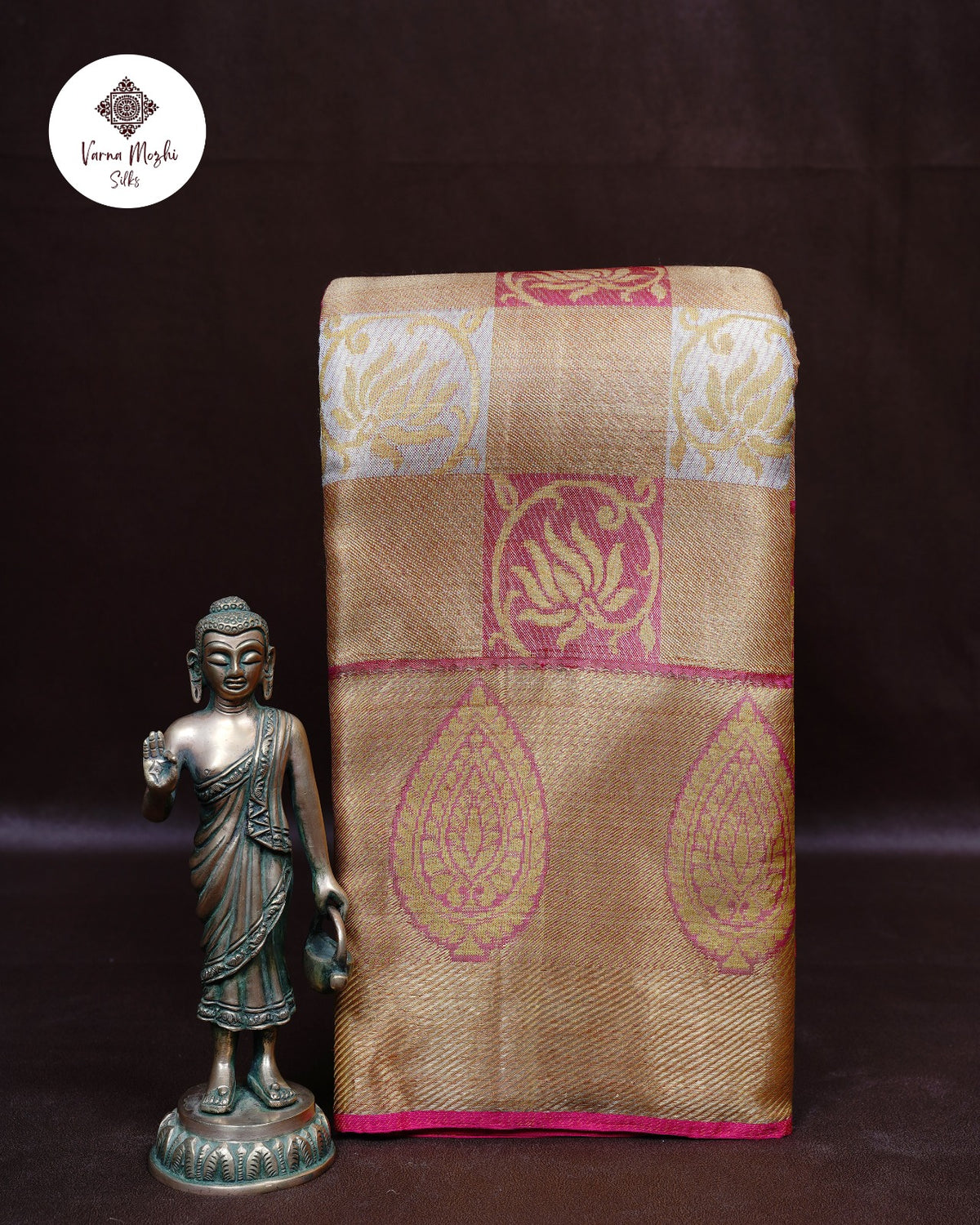 Baby Pink Full Tissue Silk Saree with Silver–Gold Zari & Lotus Border