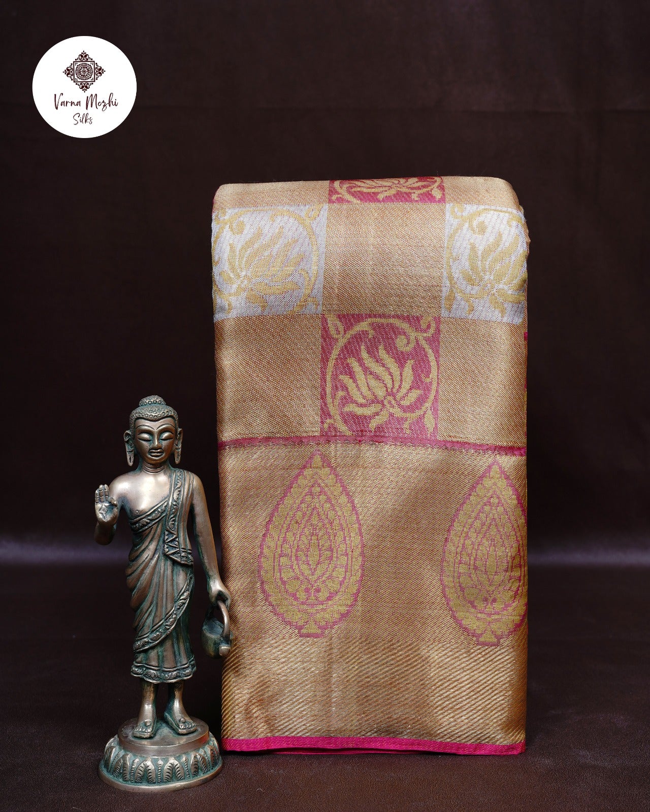 Baby Pink Full Tissue Silk Saree with Silver–Gold Zari & Lotus Border