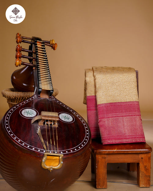 Cream & Maroon Tissue Silk Saree with Small Koi Flower Motifs and Bavanjji Border – 2G Gold Zari