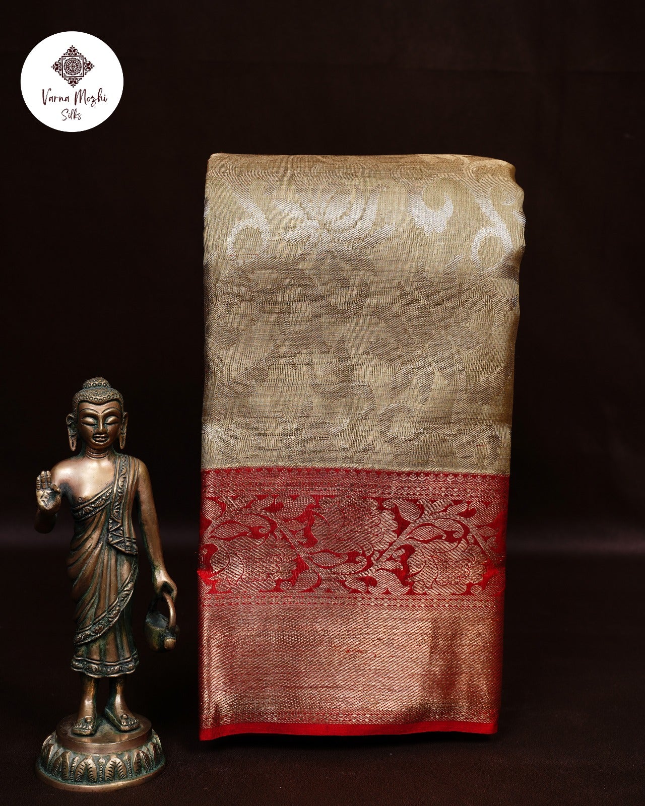 Full Gold Tissue Silk Saree with Red Contrast Lotus Zari Border