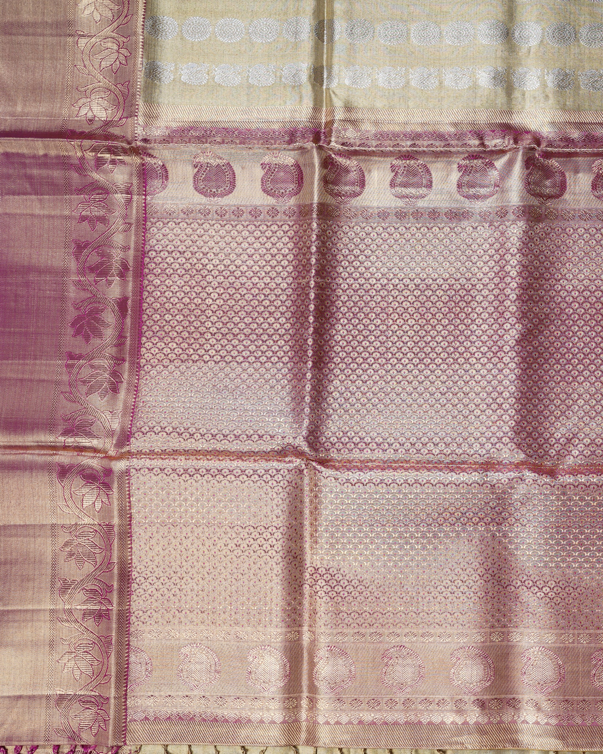 Gold Pure Zari Kanchipuram Silk Saree – Silver Round Buttas & Maroon Korvai Border