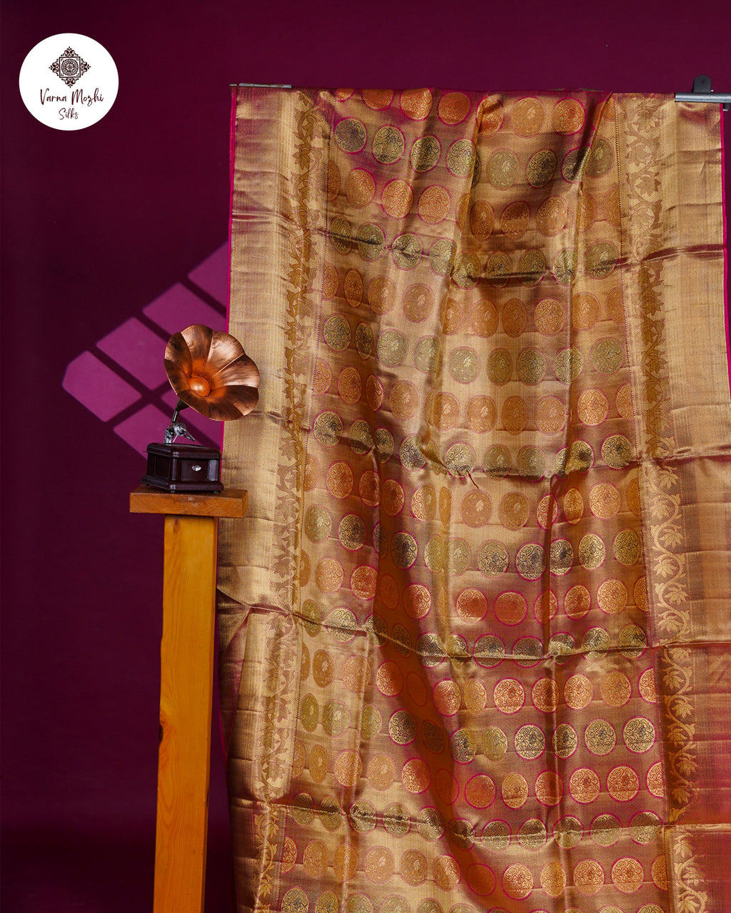 Gold Tissue Kanchipuram Silk Saree – Multi-Colour Coin Buttas with Pink Contrast Border