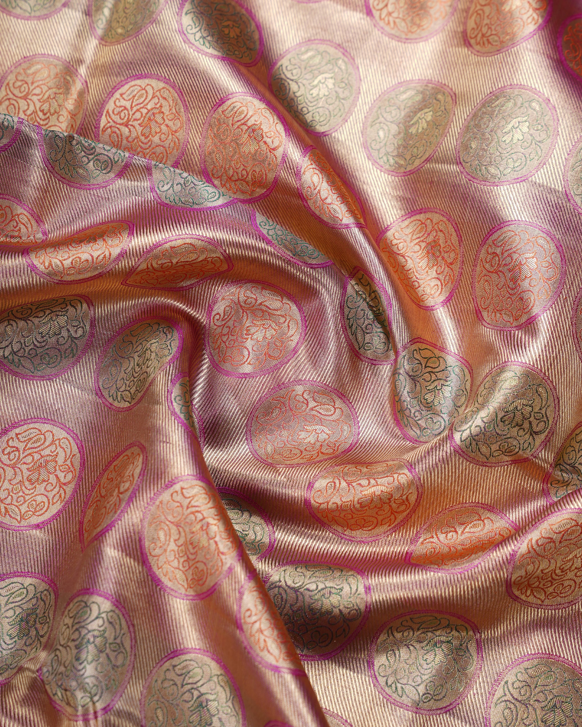 Gold Tissue Kanchipuram Silk Saree – Multi-Colour Coin Buttas with Pink Contrast Border