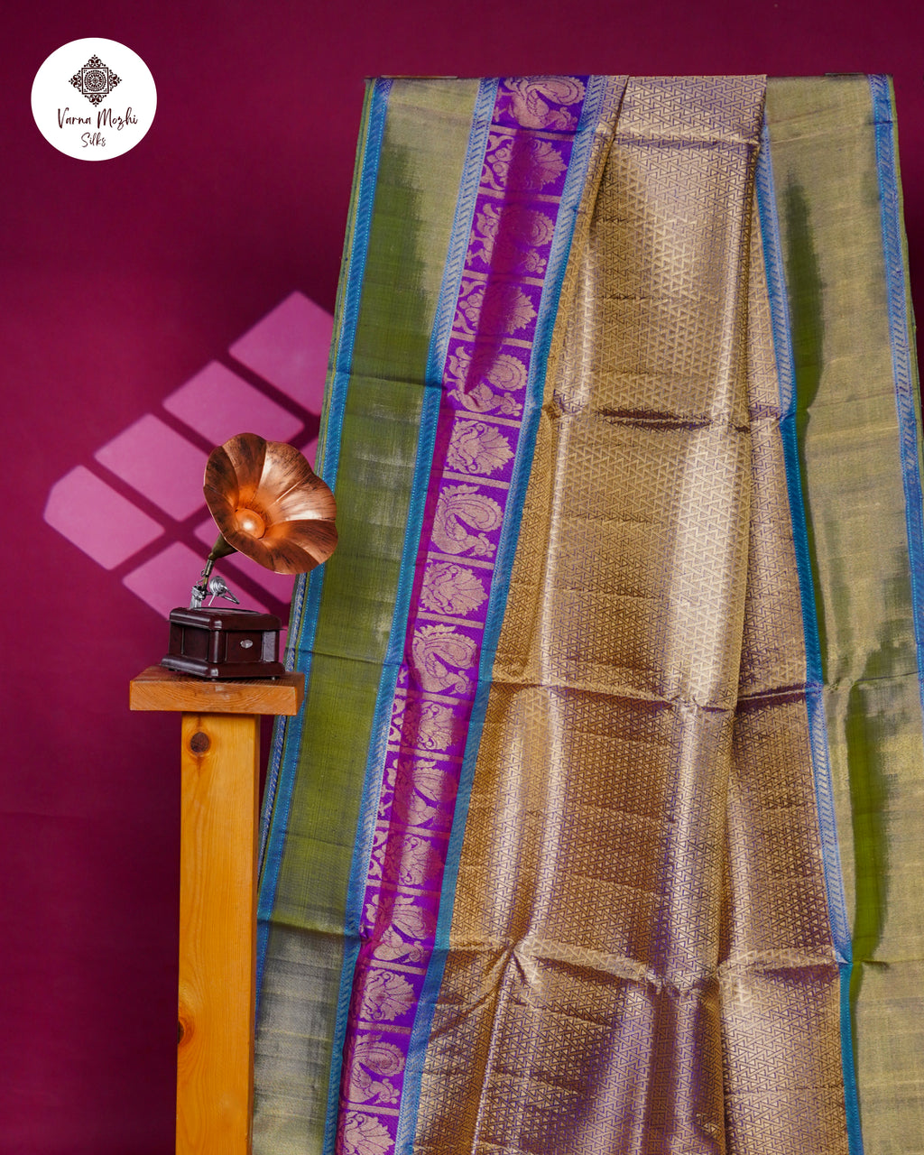 Gold Tissue Kanchipuram Silk Saree – Olive Green Body & Purple Zari Floral Border