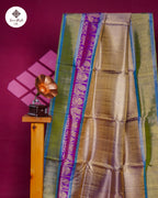 Gold Tissue Kanchipuram Silk Saree – Olive Green Body & Purple Zari Floral Border