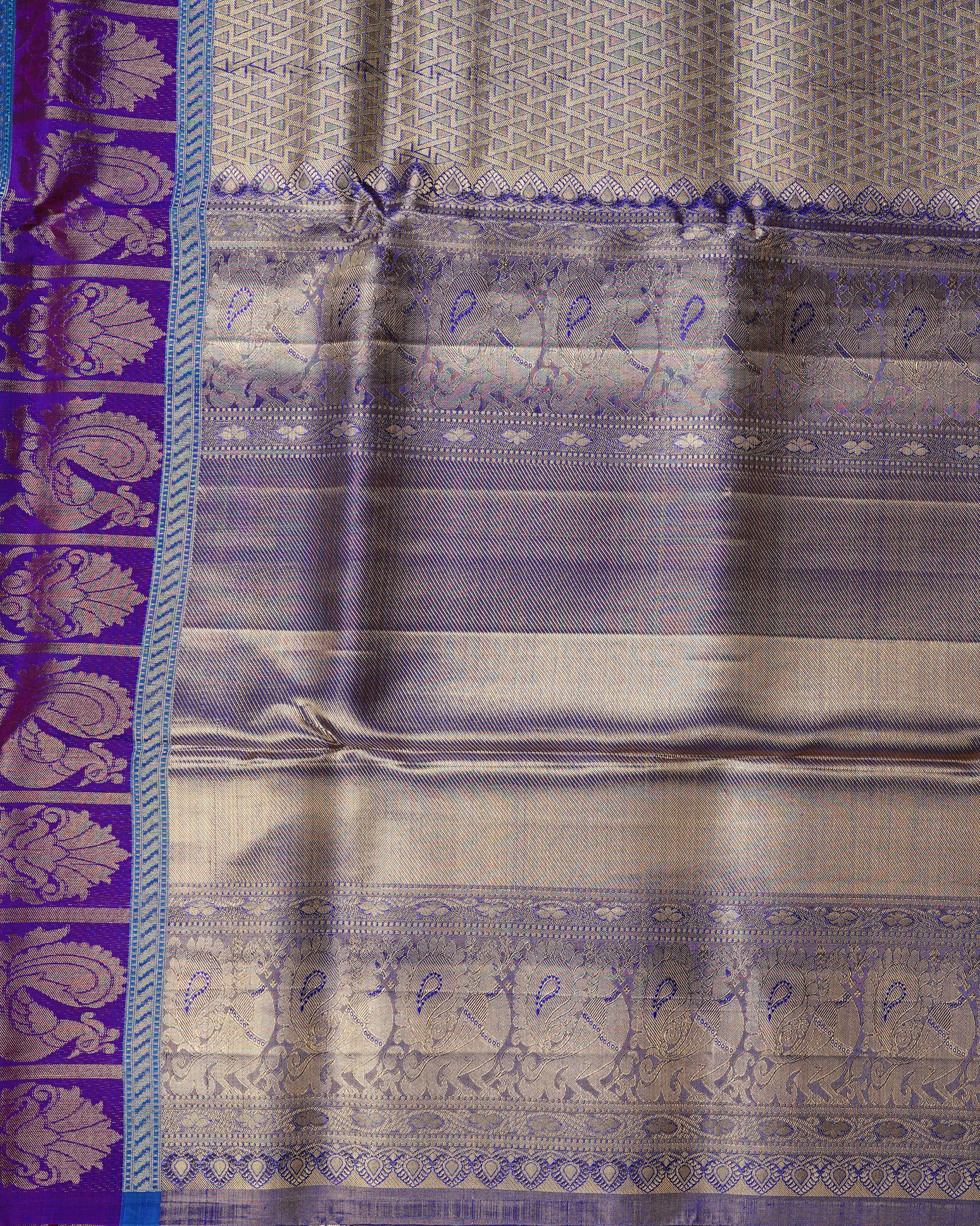 Gold Tissue Kanchipuram Silk Saree – Olive Green Body & Purple Zari Floral Border