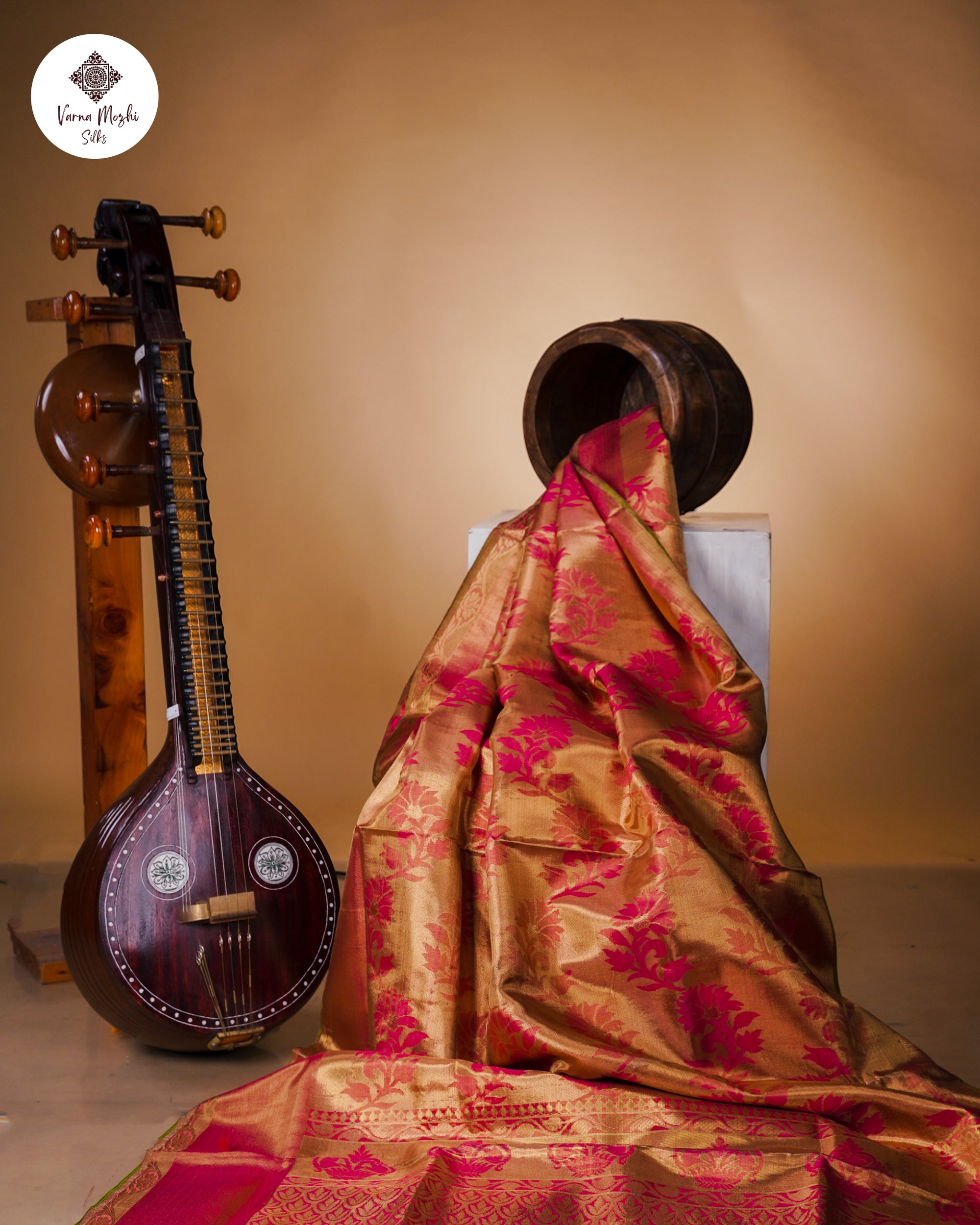 Gold Tissue Kanchipuram Silk Saree – Pink Zari Floral Brocade & Contrast Pallu