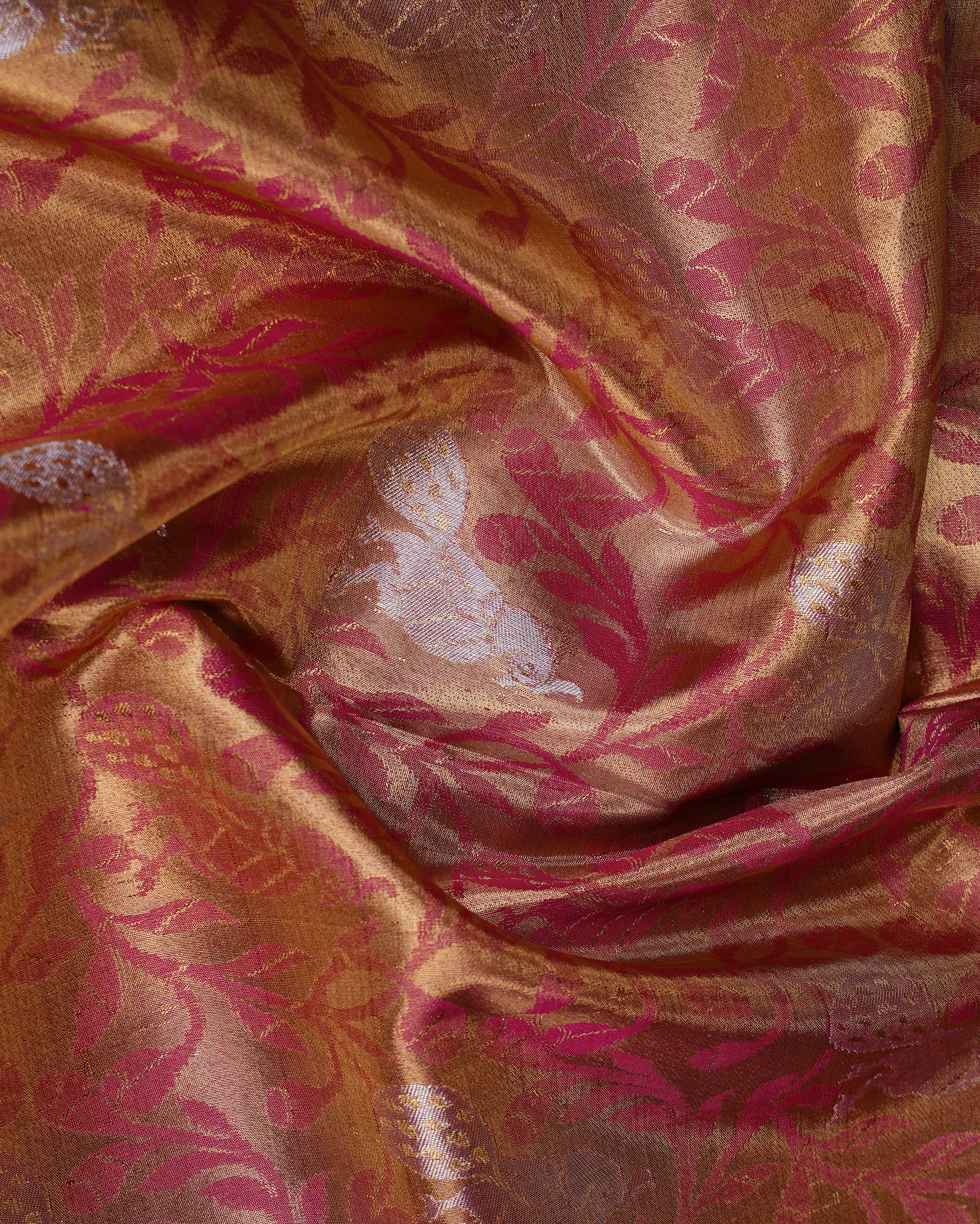 Gold Tissue Kanchipuram Silk Saree – Pink Zari Floral Brocade & Contrast Pallu