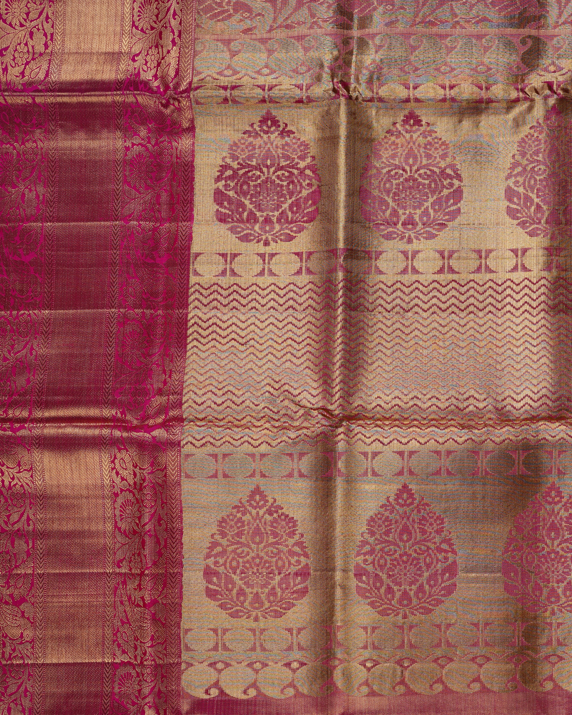 Gold Tissue Kanchipuram Silk Saree – Pink Zari Floral Brocade & Contrast Pallu