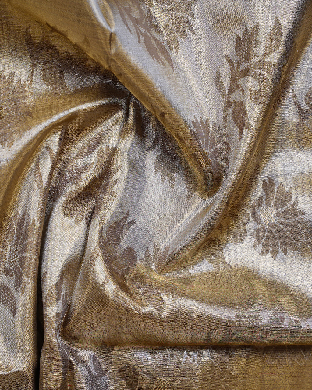 Gold–Silver Tissue Kanchipuram Silk Saree – Floral Brocade Weave with Pink Contrast Zari Border