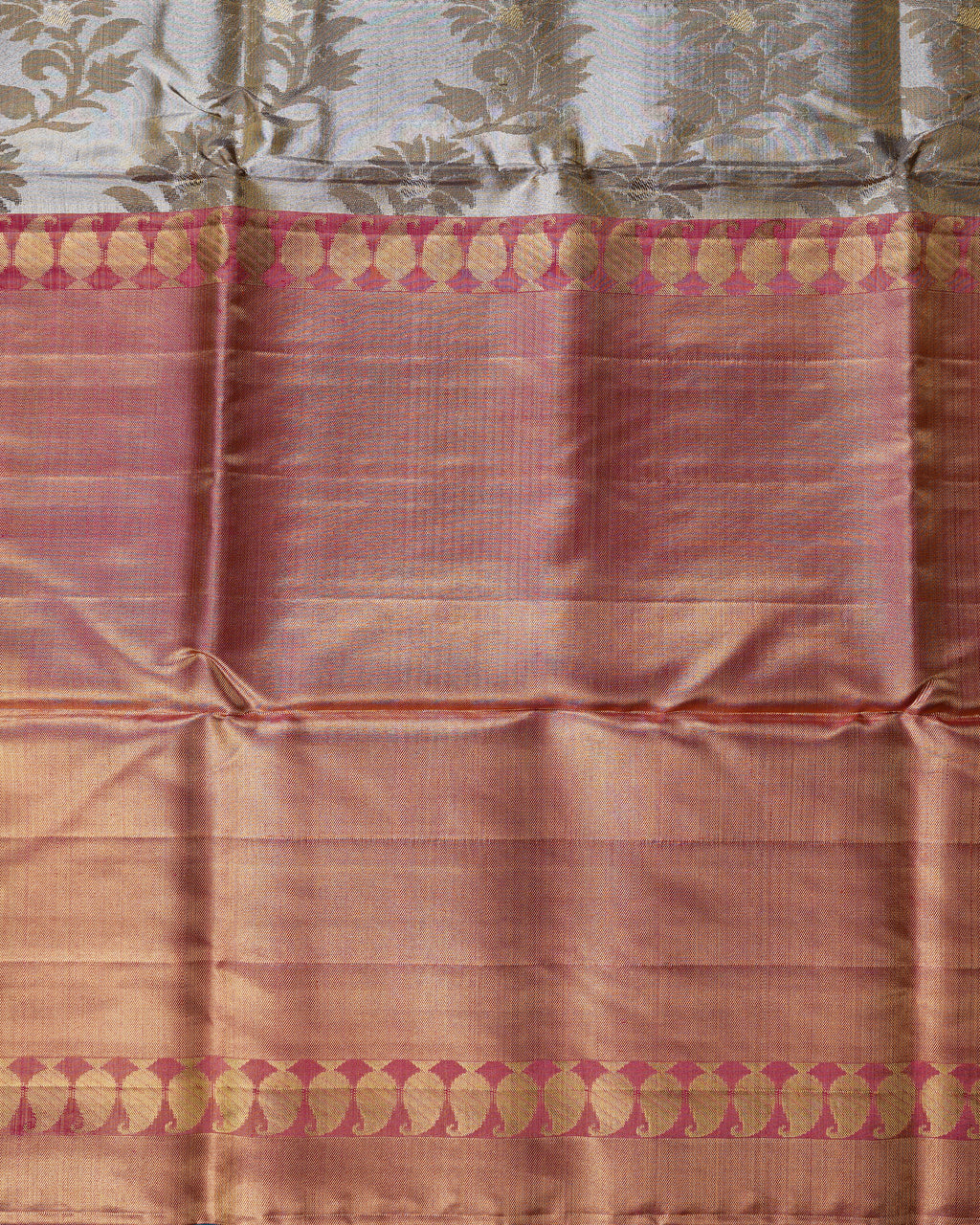 Gold–Silver Tissue Kanchipuram Silk Saree – Floral Brocade Weave with Pink Contrast Zari Border