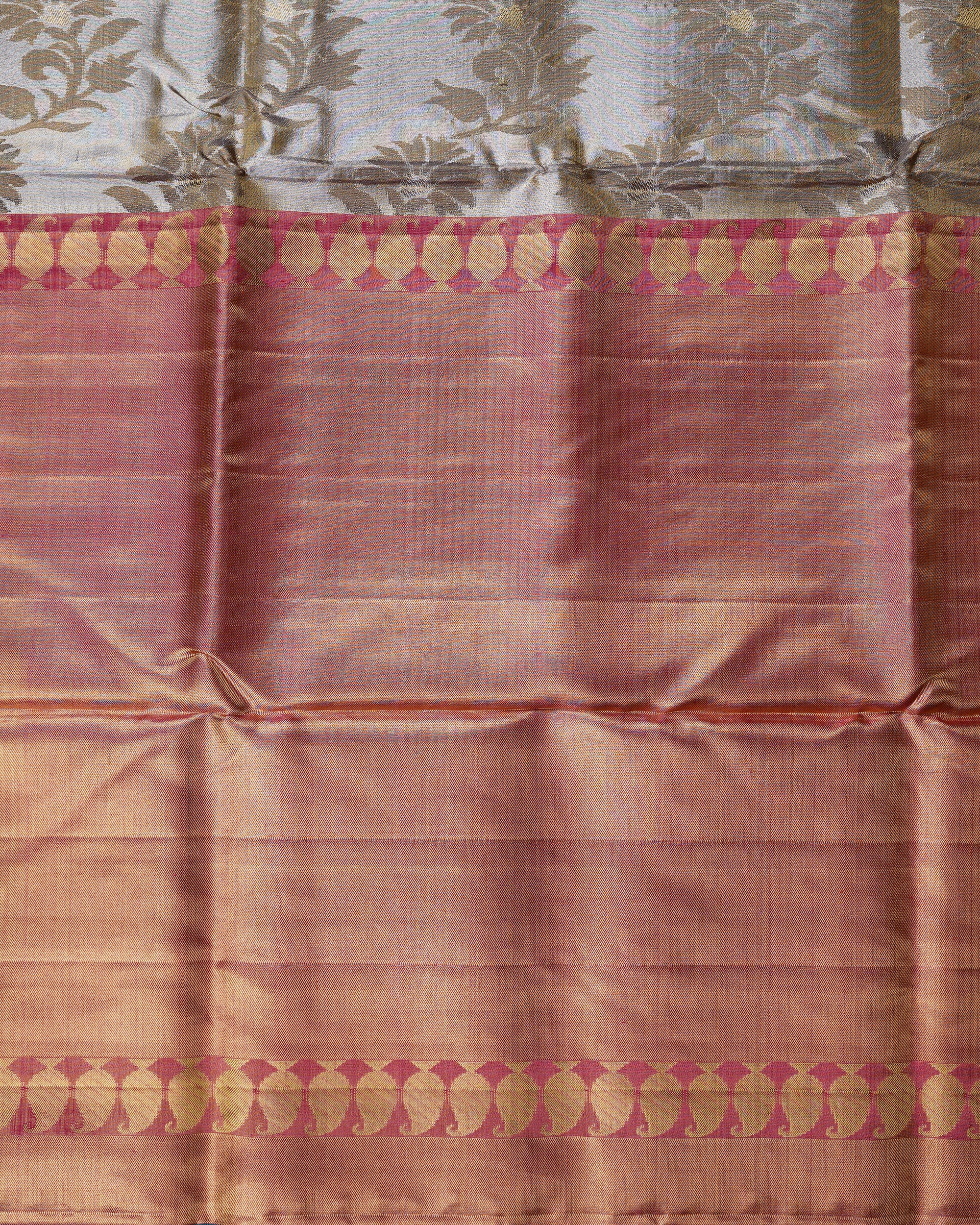 Gold–Silver Tissue Kanchipuram Silk Saree – Floral Brocade Weave with Pink Contrast Zari Border