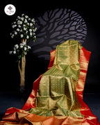Green & Gold Pure Zari Kanchipuram Silk Saree – Coin Butta Checks with Red Contrast Border
