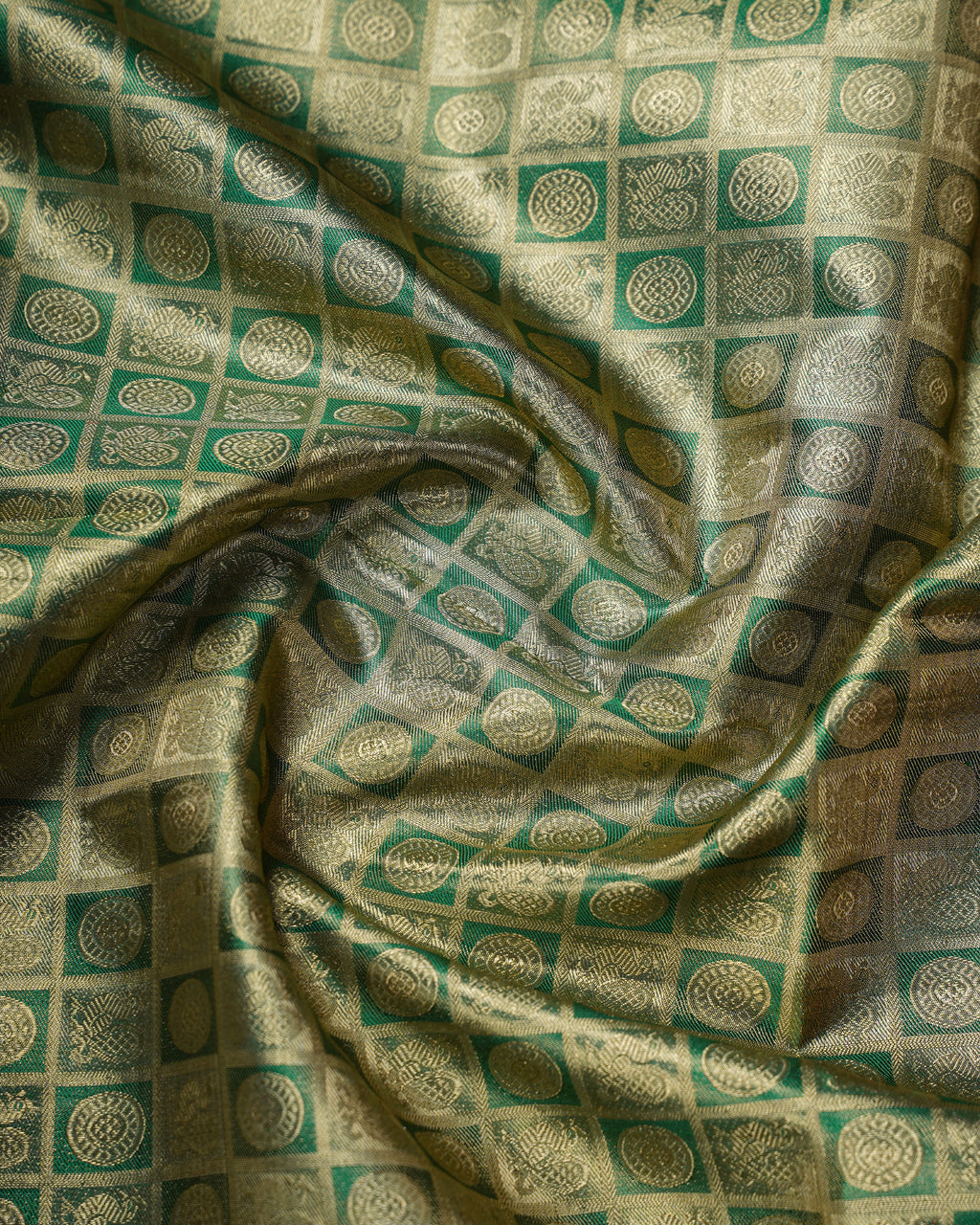 Green & Gold Pure Zari Kanchipuram Silk Saree – Coin Butta Checks with Red Contrast Border