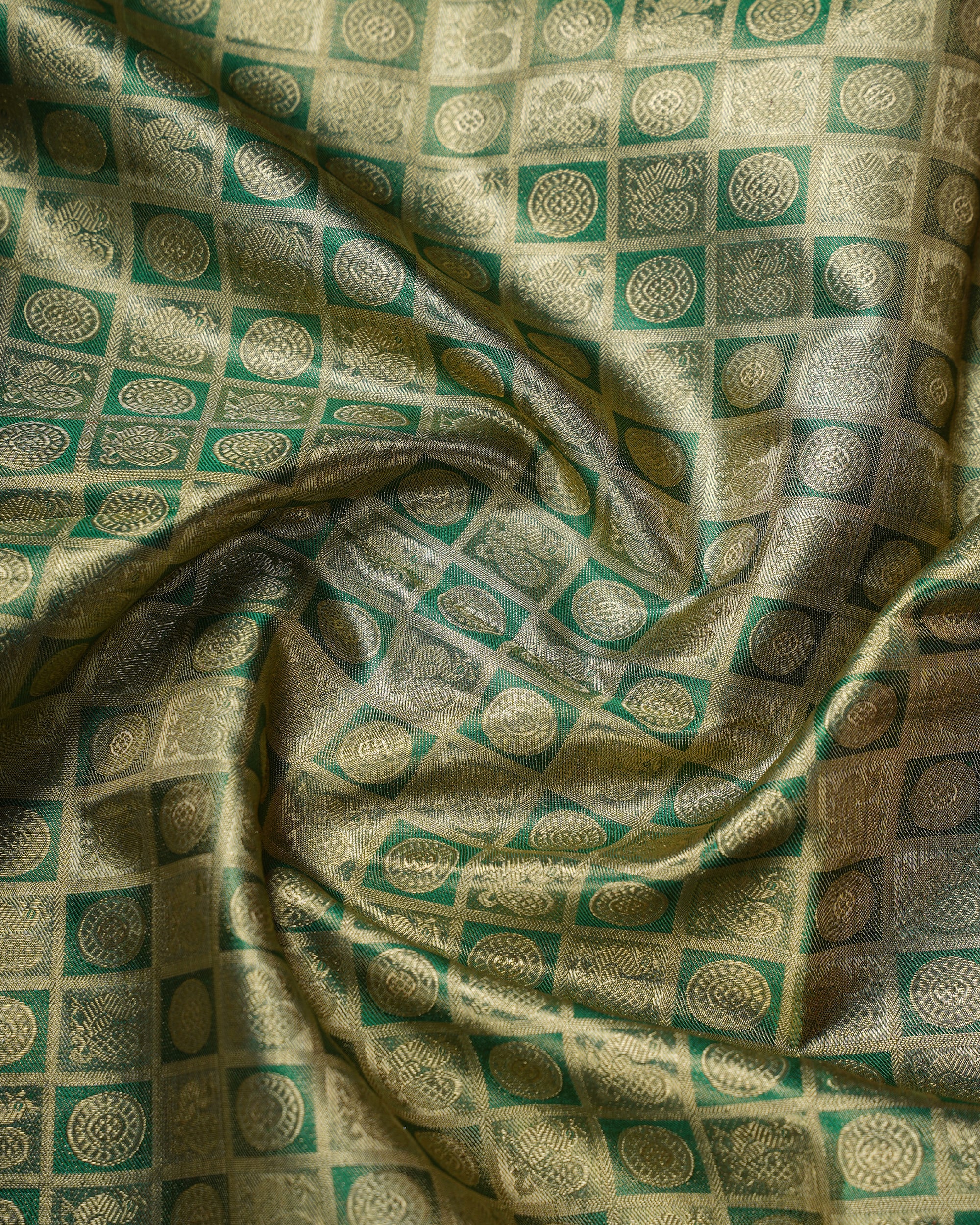 Green & Gold Pure Zari Kanchipuram Silk Saree – Coin Butta Checks with Red Contrast Border