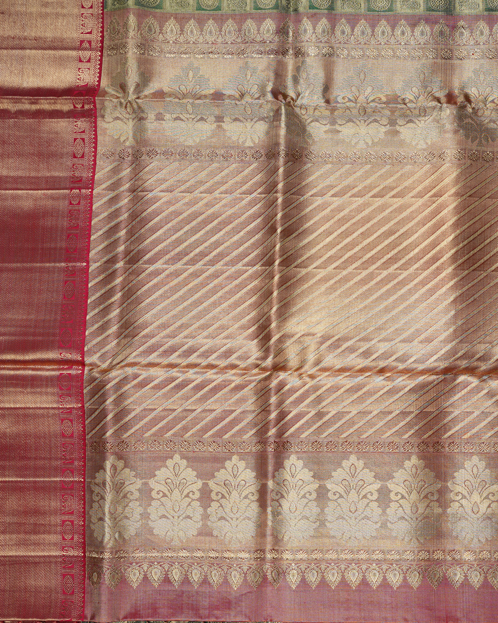 Green & Gold Pure Zari Kanchipuram Silk Saree – Coin Butta Checks with Red Contrast Border