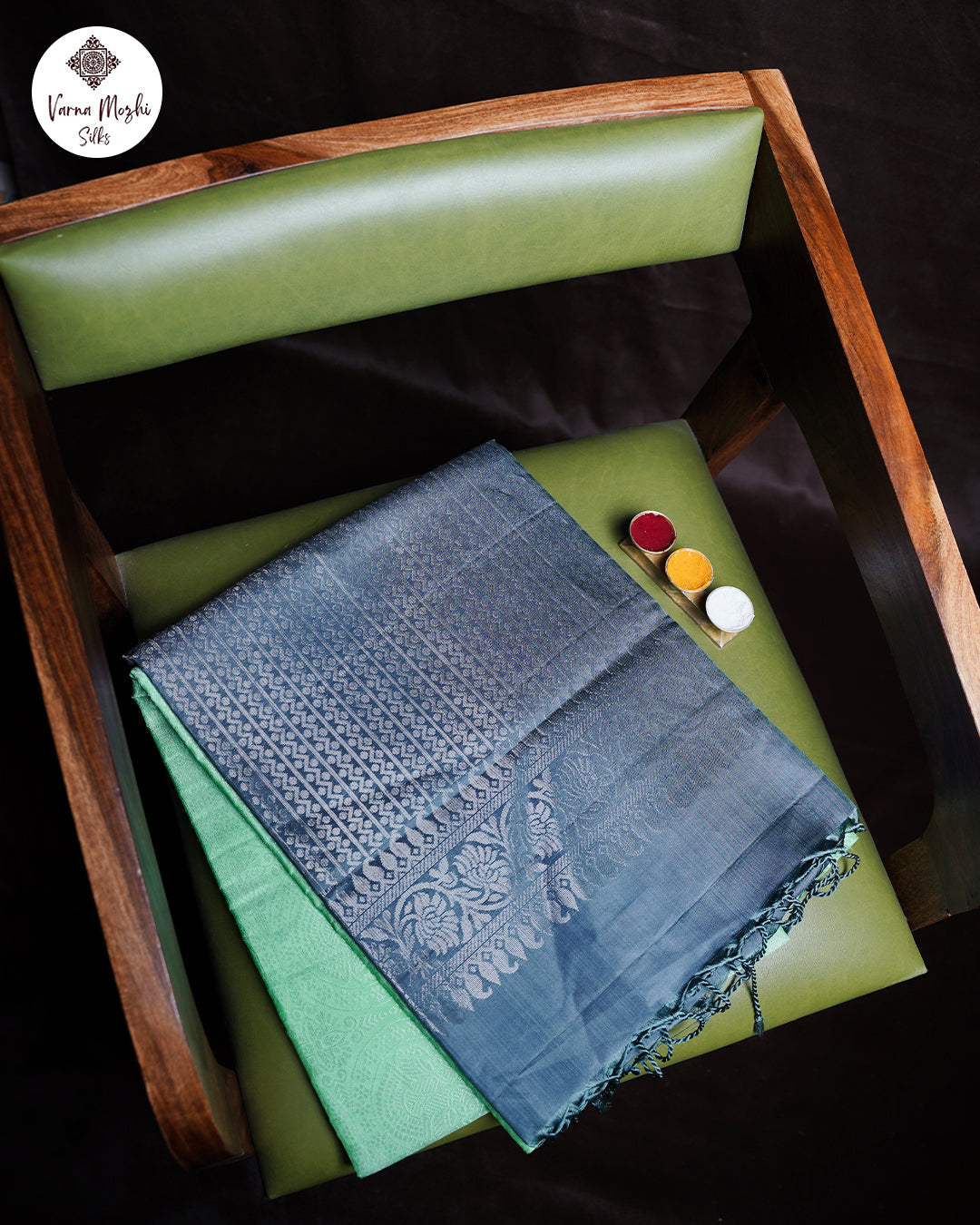 Grey Pure Silk Saree with Light Green Semi Contrast Border