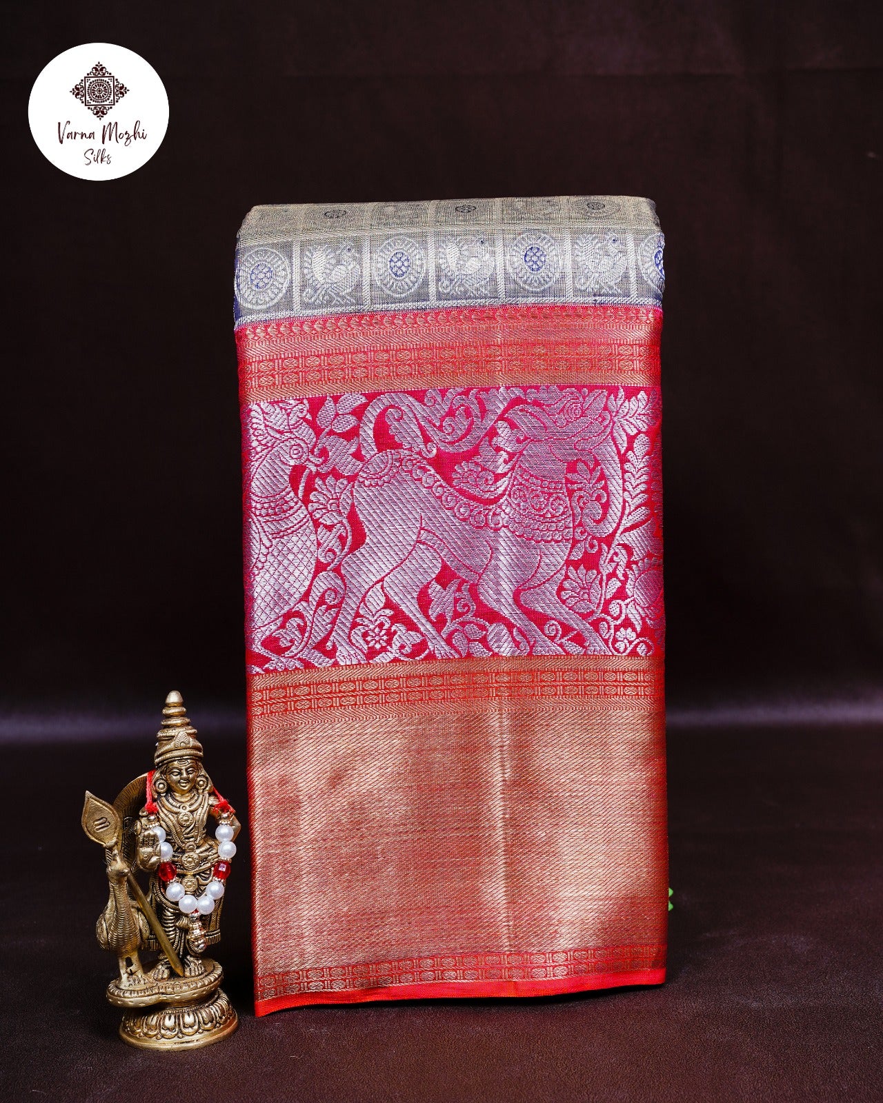 Grey Tissue Silk Saree with Red Big Border & Mayil Chakkaram Silver Zari