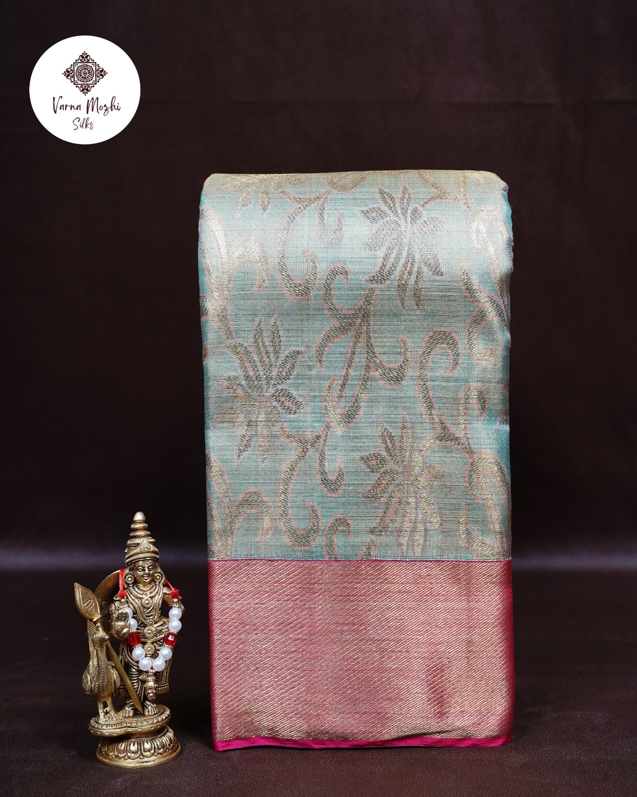 Ice Blue Tissue Silk Saree Pink Korvai Contrast Border Lotus Design