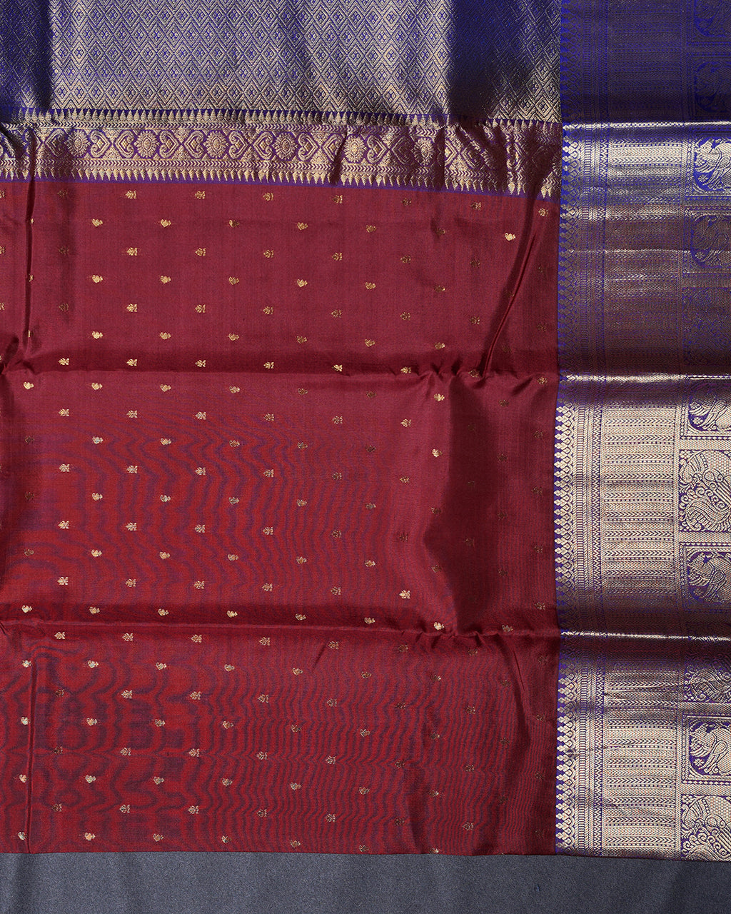 Maroon Pure Silk Saree with Violet Contrast Border and Butta Design