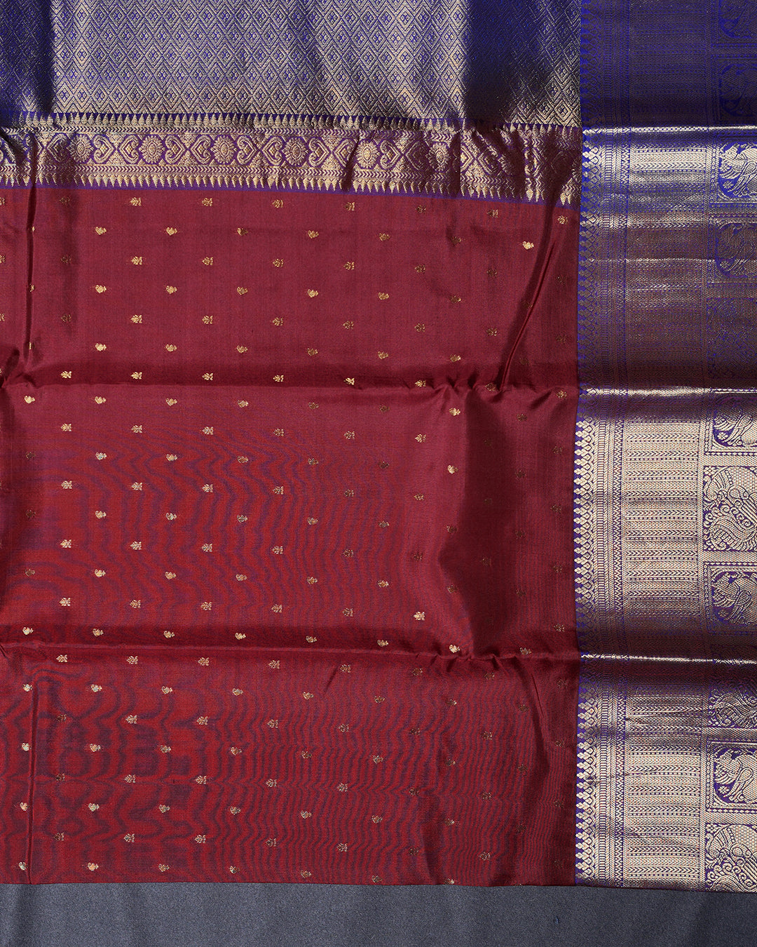 Maroon Pure Silk Saree with Violet Contrast Border and Butta Design