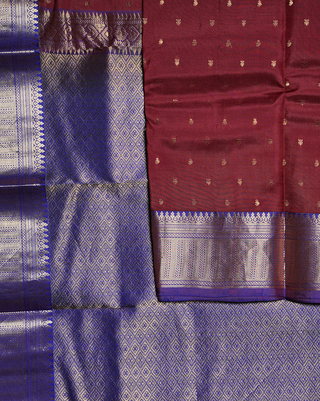 Maroon Pure Silk Saree with Violet Contrast Border and Butta Design