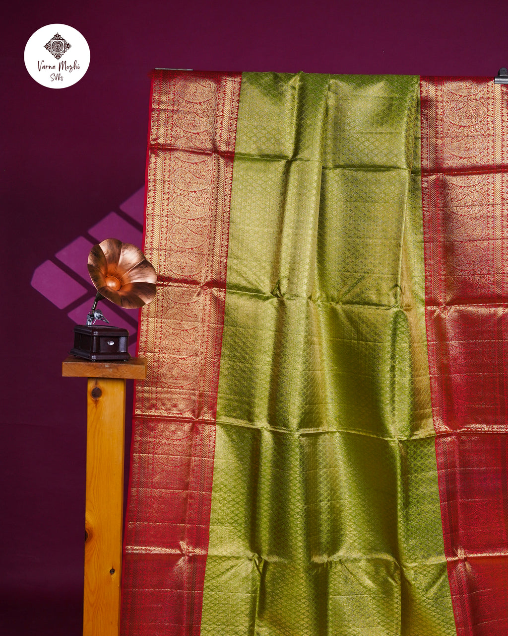 Parrot Green & Red Korvai Tissue Silk Saree – Pure Gold Zari Thilagam Design