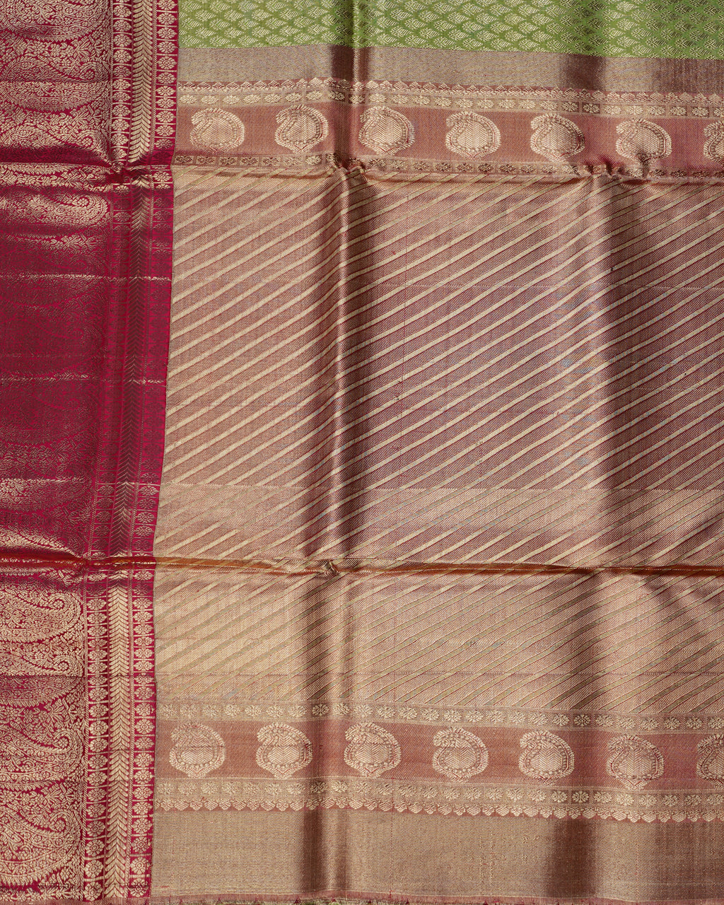 Parrot Green & Red Korvai Tissue Silk Saree – Pure Gold Zari Thilagam Design