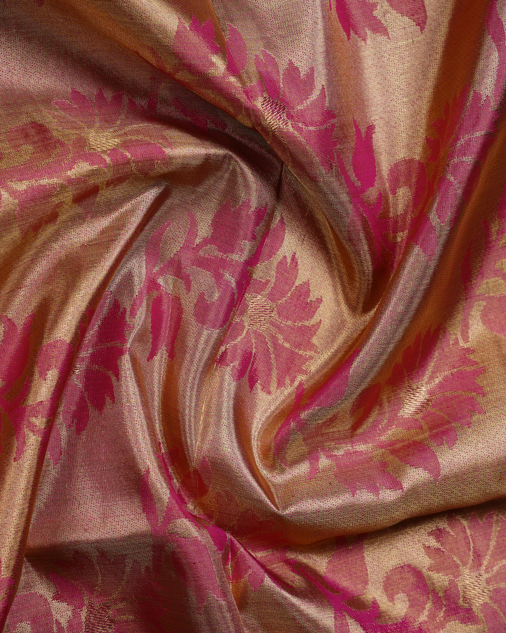Pink & Gold Pure Zari Kanchipuram Silk Saree – Floral Jaal Weave & Rich Gold Border
