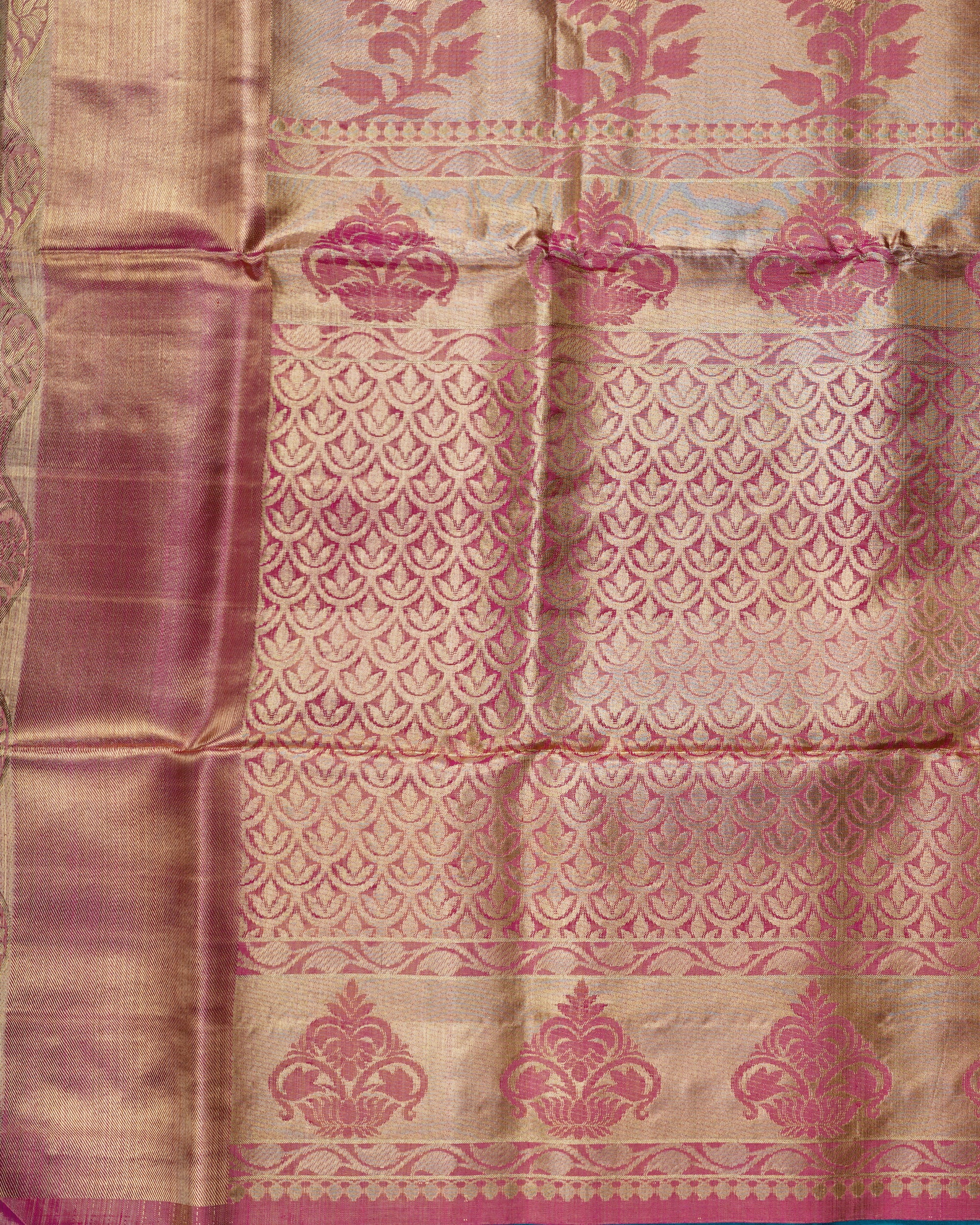 Pink & Gold Pure Zari Kanchipuram Silk Saree – Floral Jaal Weave & Rich Gold Border
