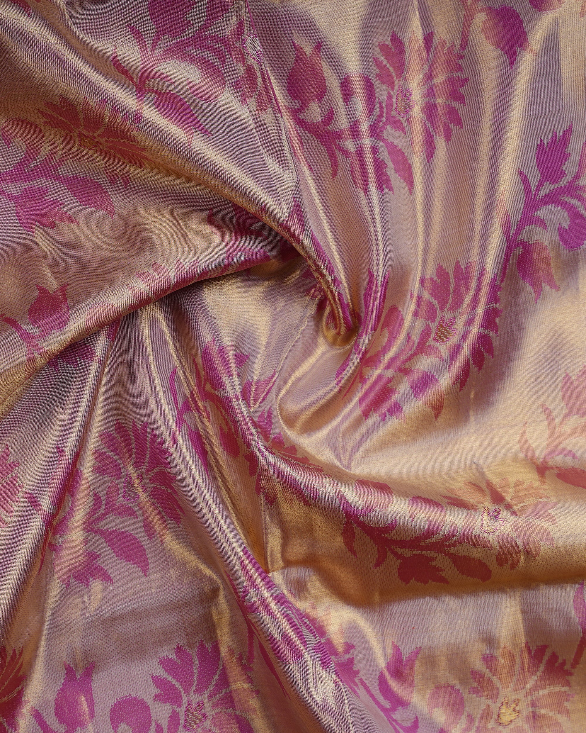 Pink Pure Zari Gold Tissue Silk Saree – Floral Brocade Weave & Elegant Gold Border