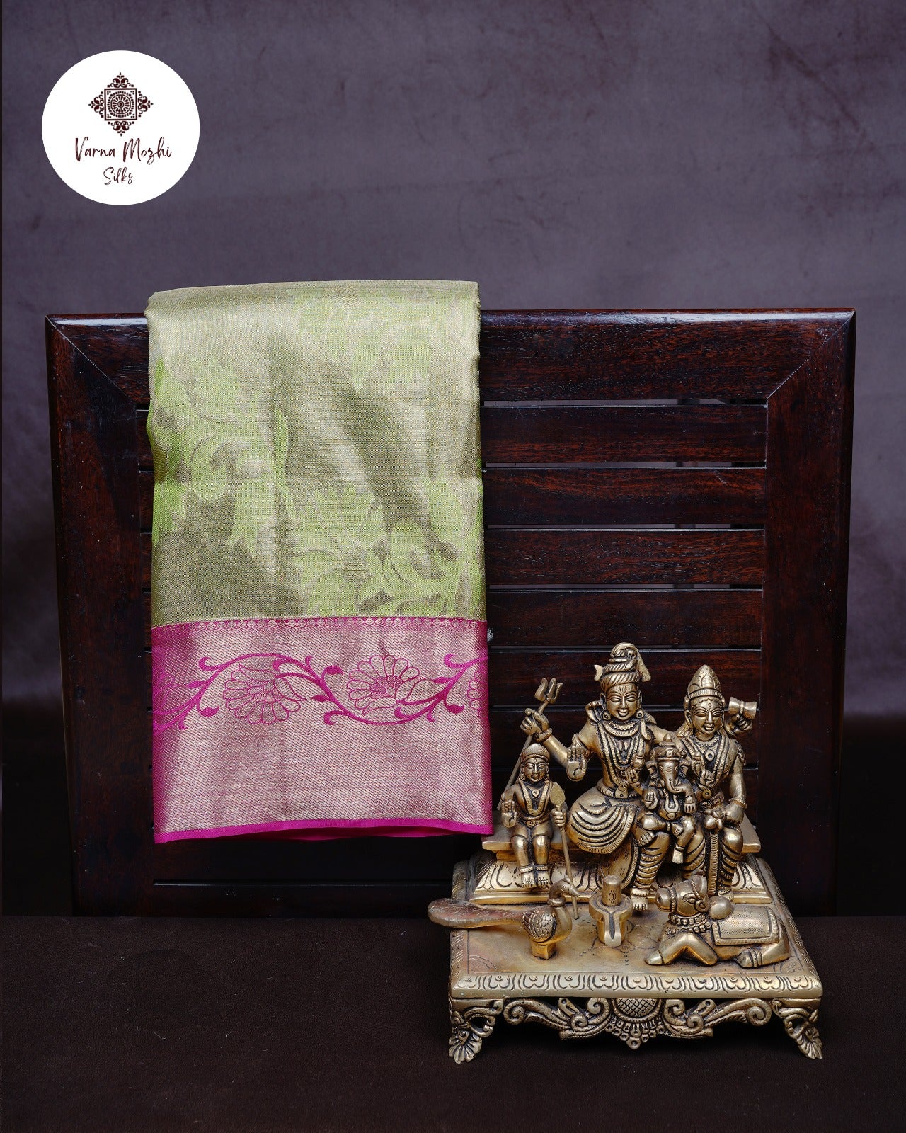 Pista Green & Pink Korvai Tissue Silk Saree  Small Leaf Border