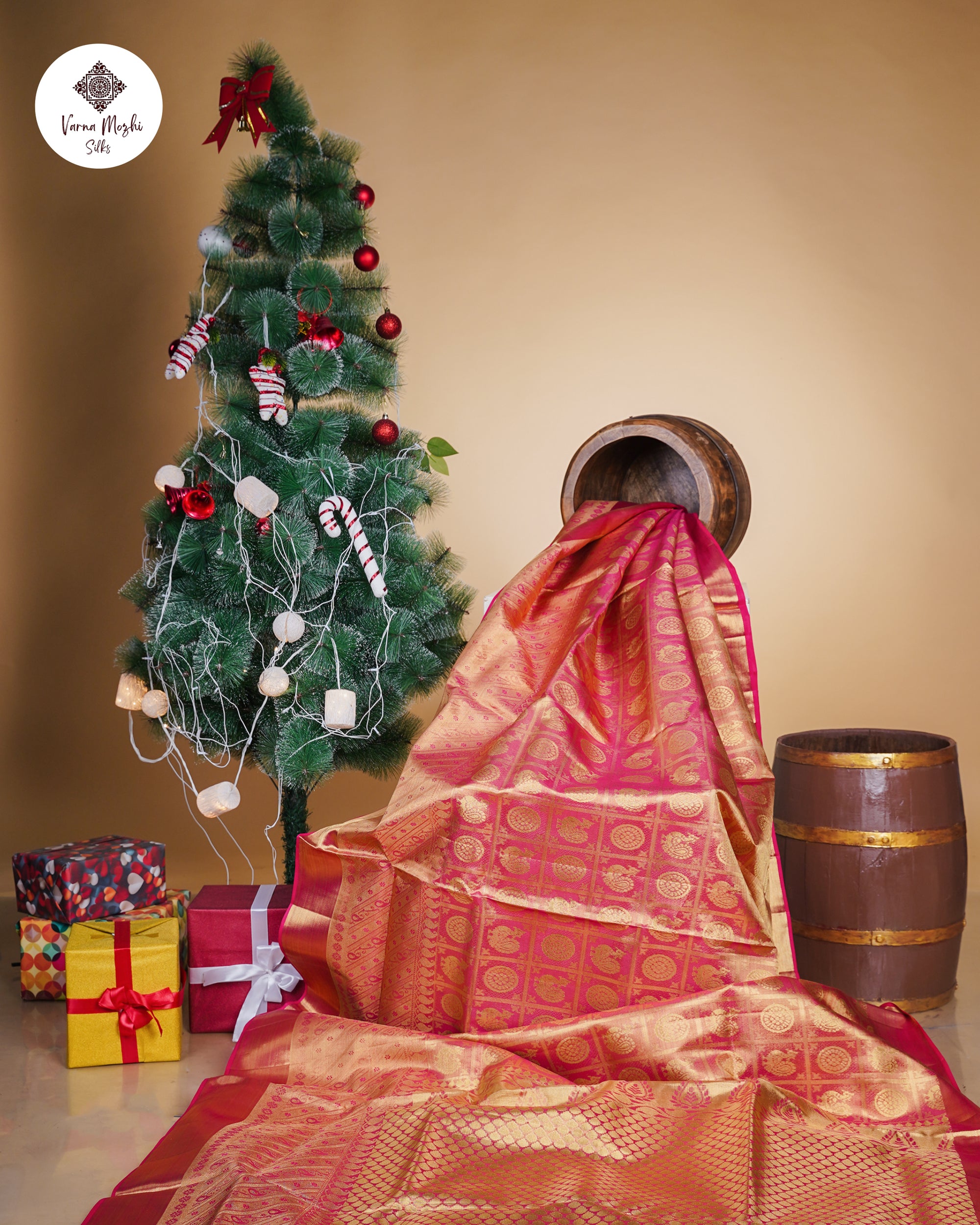 Rani Pink Pure Zari Tissue Silk Saree – Mayil Chakram Box Weave & Big Gold Border