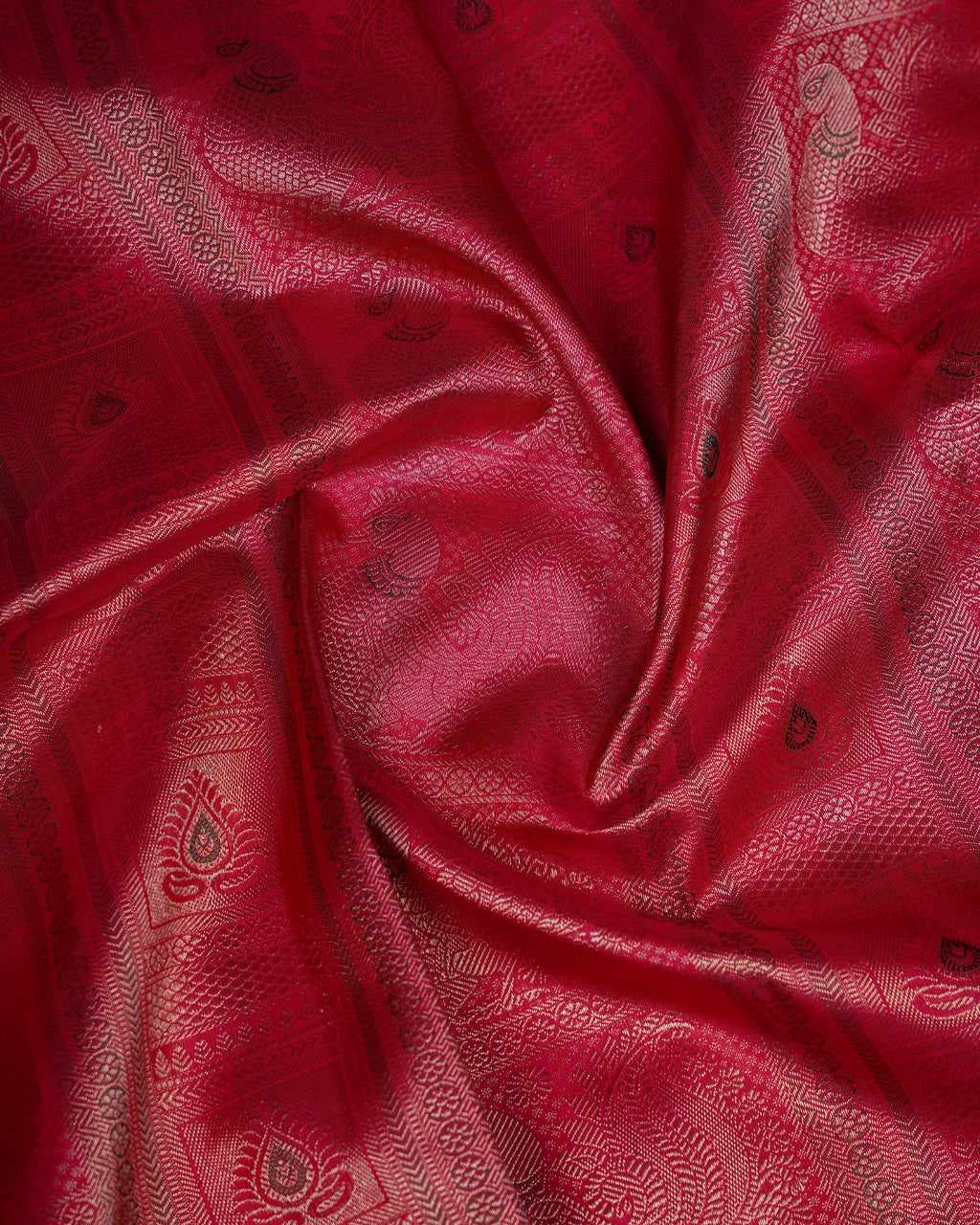 Red & Green Korvai Tissue Silk Saree with Stripe Peacock Design and 2G Gold Zari