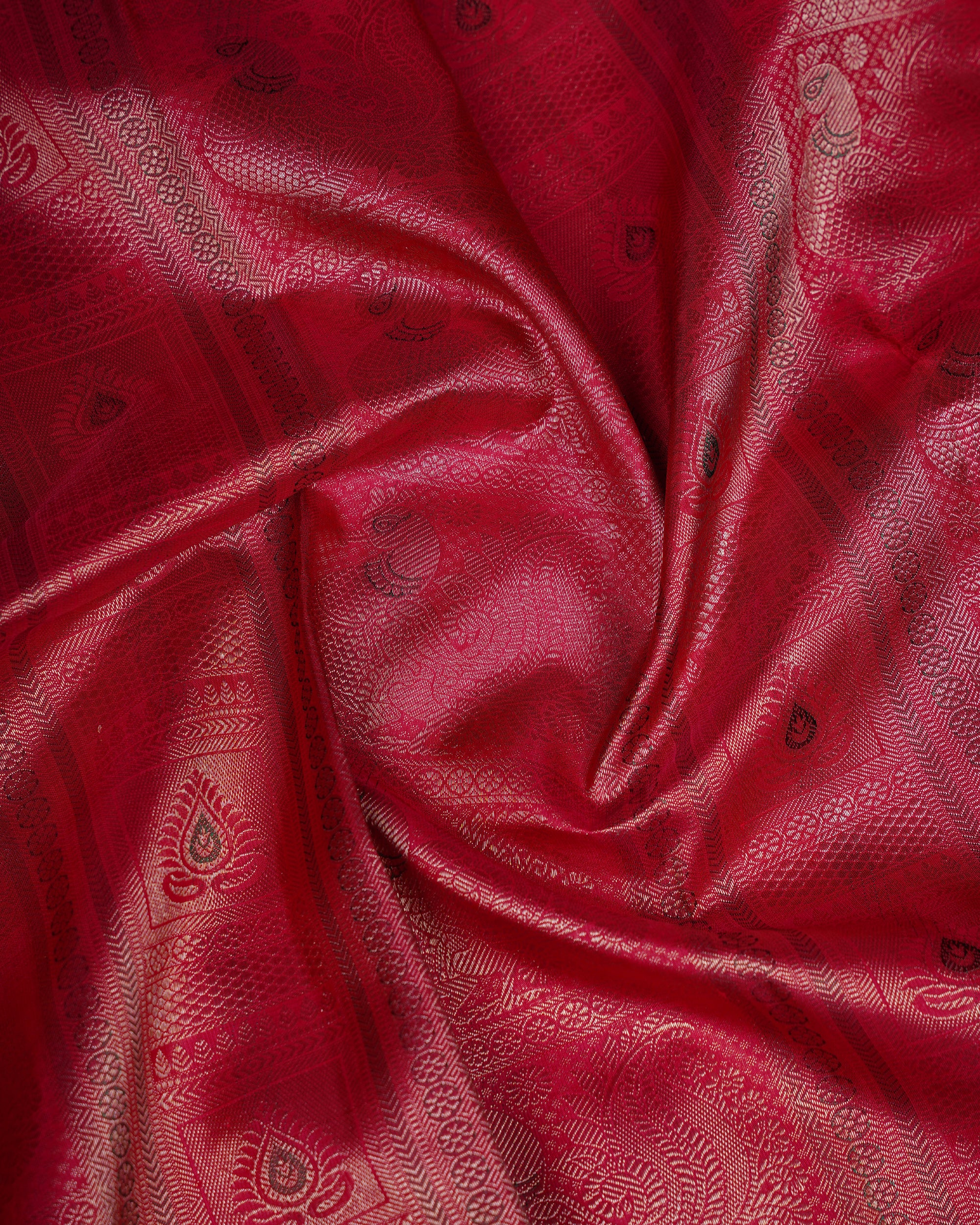 Red & Green Korvai Tissue Silk Saree with Stripe Peacock Design and 2G Gold Zari