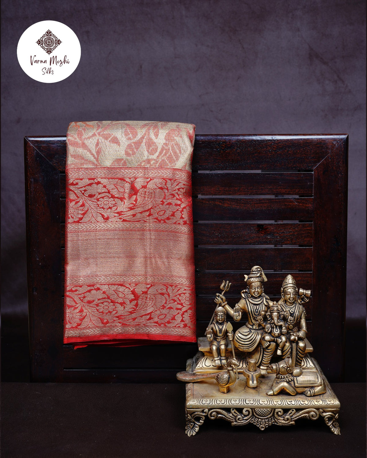 Silver-Red Peacock Motif Kanchipuram Tissue Silk Saree with Golden Zari Border