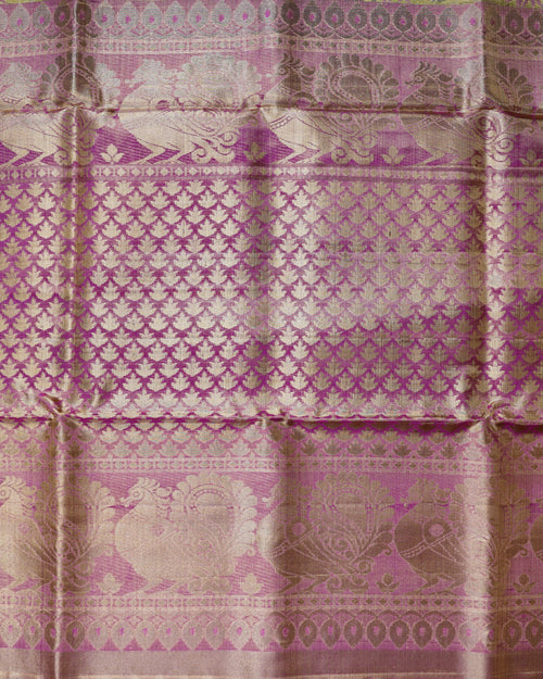 Silver-Red Peacock Motif Kanchipuram Tissue Silk Saree with Golden Zari Border