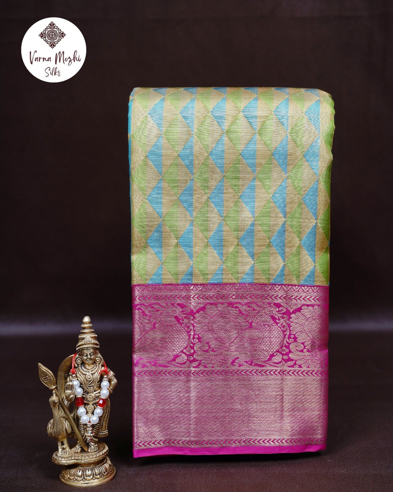 Sky Blue Parrot Green Tissue Silk Saree with Pink Korvai Zari Border