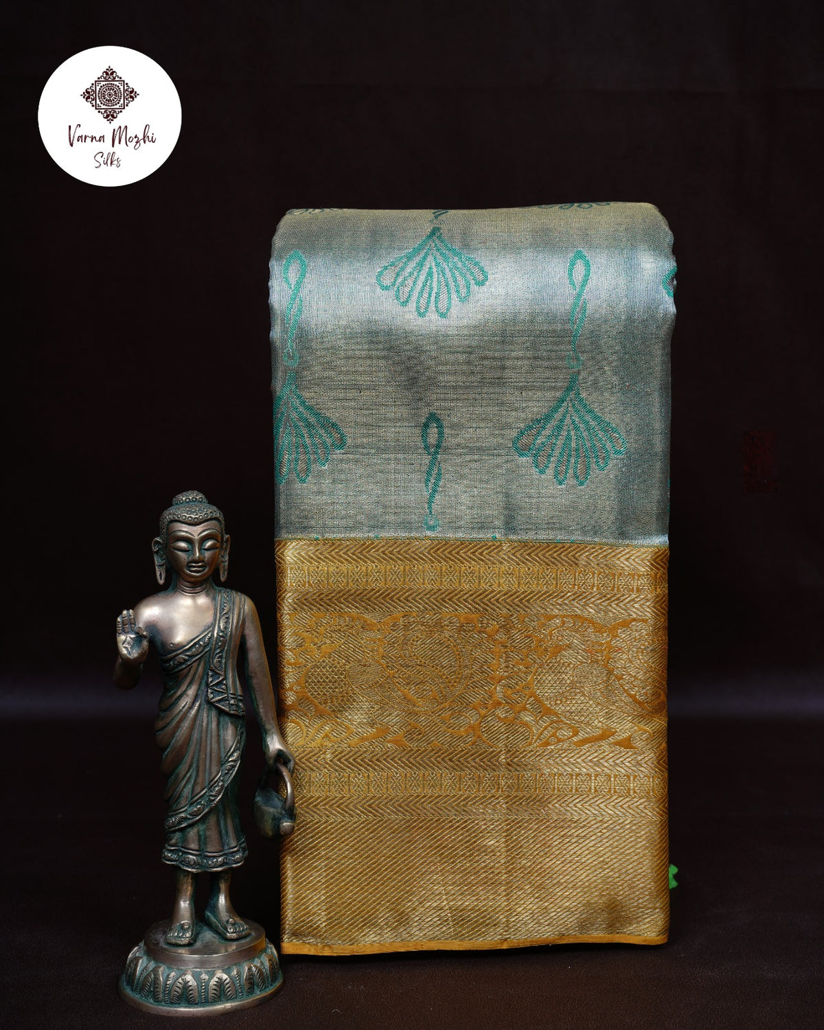 Sky Blue & Mustard Korvai Tissue Silk Saree with Jimmiki Motifs & Gold Zari Border