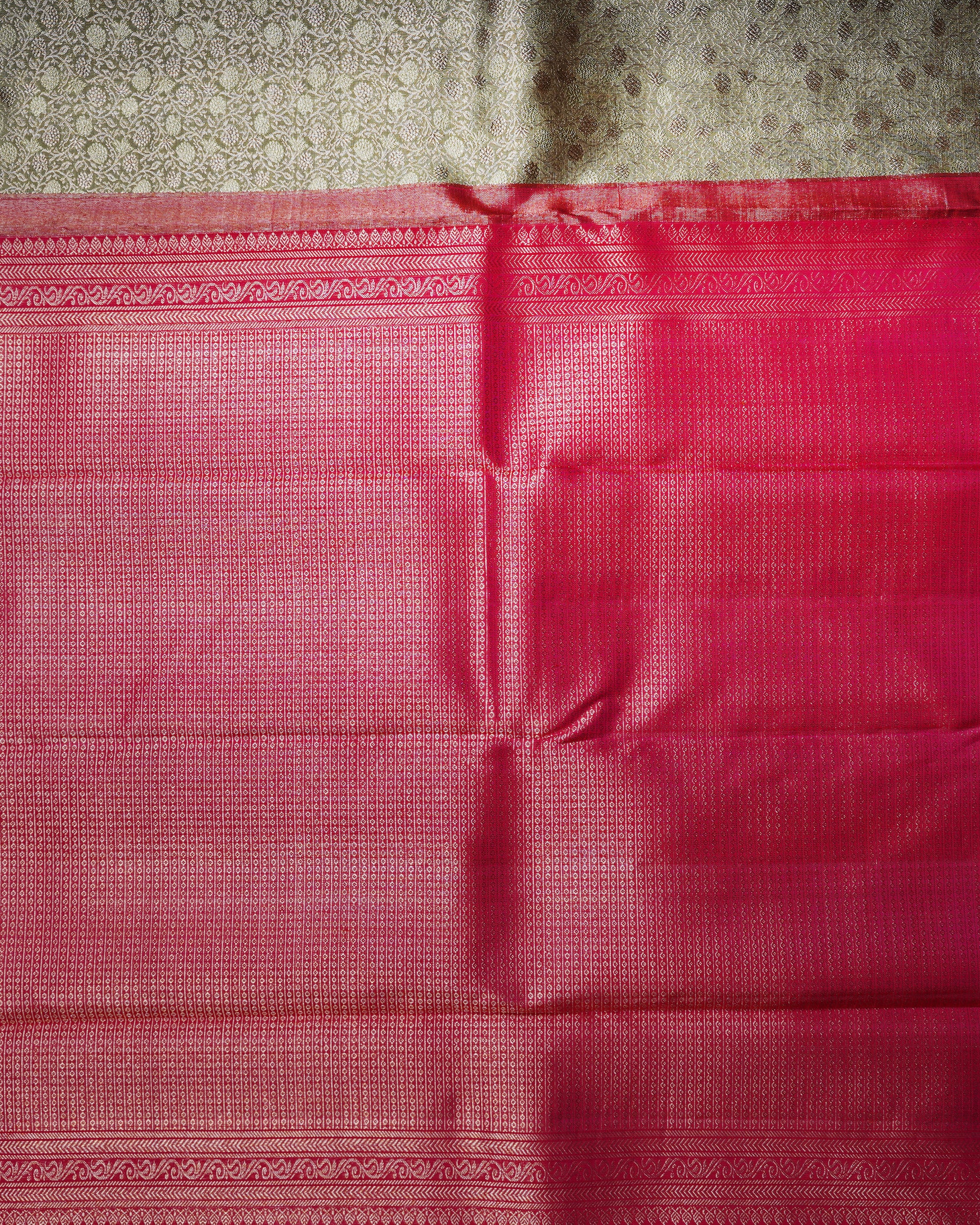 Grey & Pink Tissue Silk Saree with Small Koi Motifs and Korvai Border – 2G Silver Zari