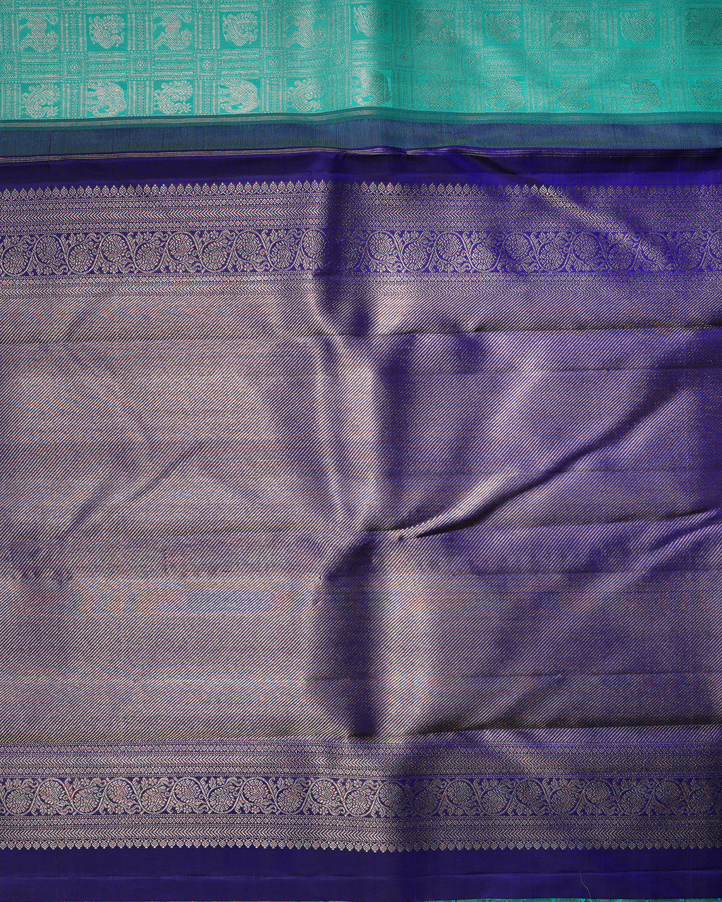 Ice Blue & Royal Blue Korvai Silk Saree with Yazhi Peacock Motifs – 2G Silver Zari