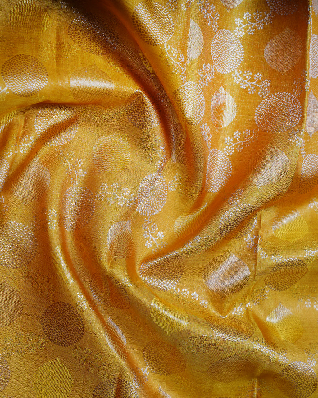 Yellow Tissue Silk Saree with Sky Blue Border, Kodi Coin Design & Silver Zari