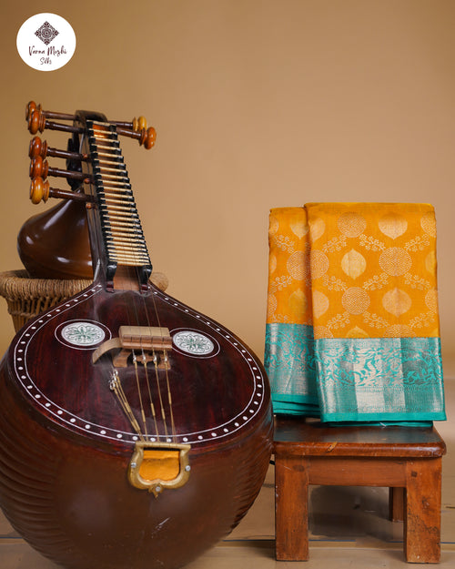 Yellow Tissue Silk Saree with Sky Blue Border, Kodi Coin Design & Silver Zari