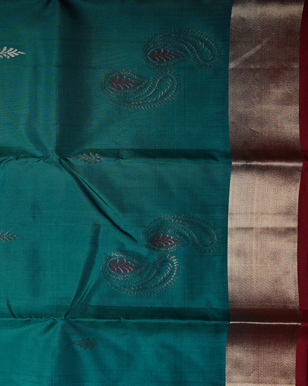 Dark Rexona Green Pure Silk Butta Saree with Red Border