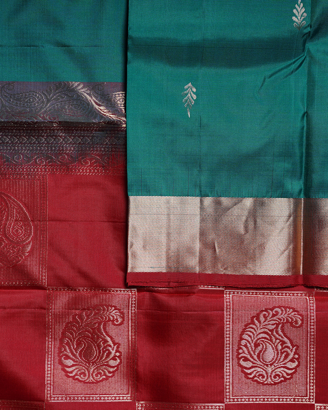 Dark Rexona Green Pure Silk Butta Saree with Red Border