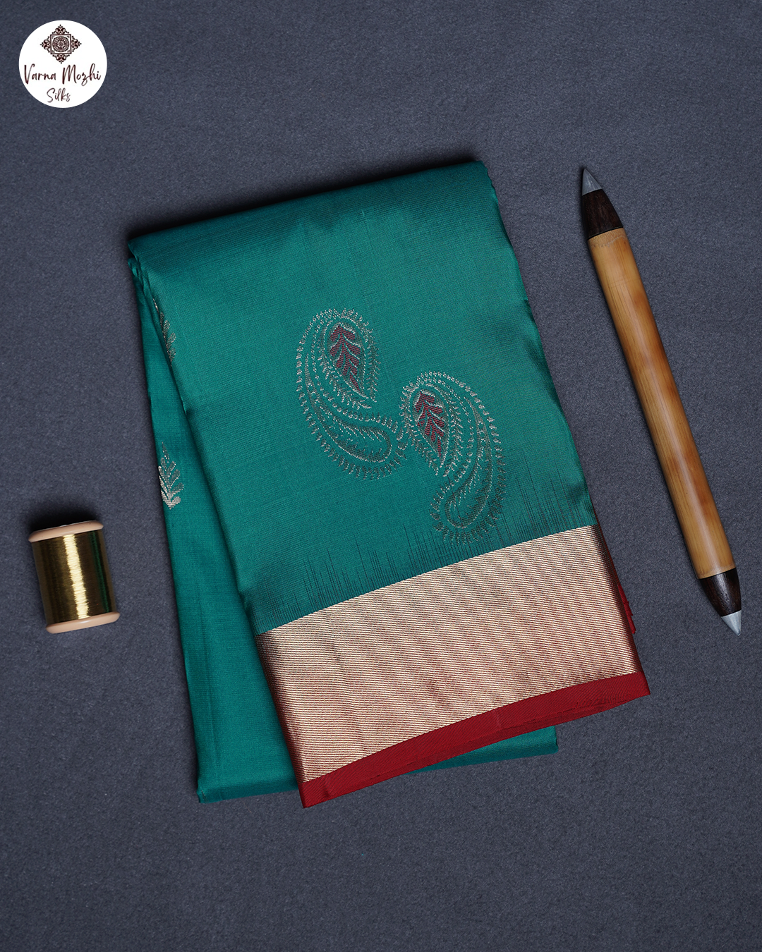 Dark Rexona Green Pure Silk Butta Saree with Red Border