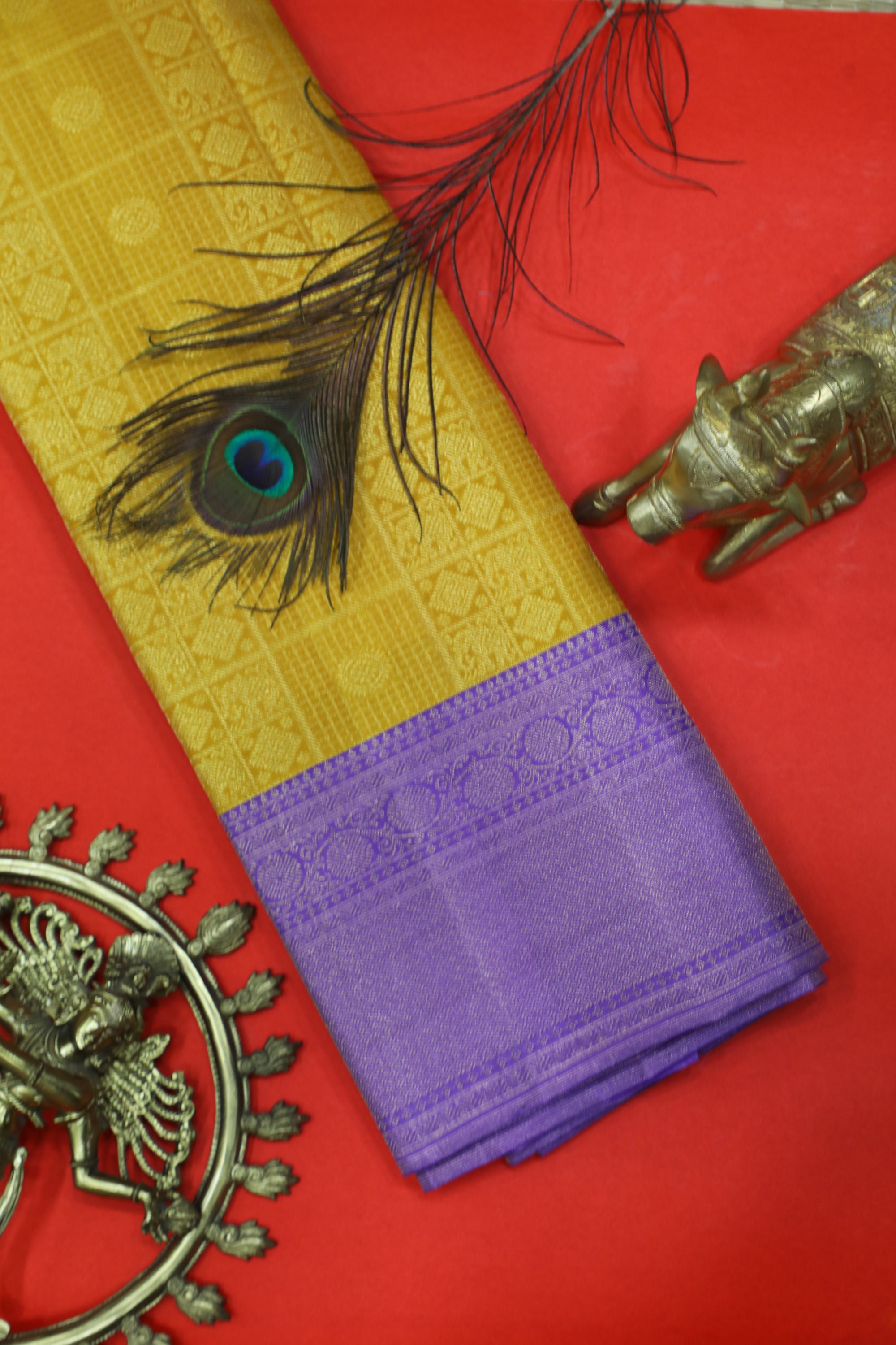 Golden Yellow Kanchipuram Pure Silk Korvai Contrast Saree with Lavender Border and Box Design