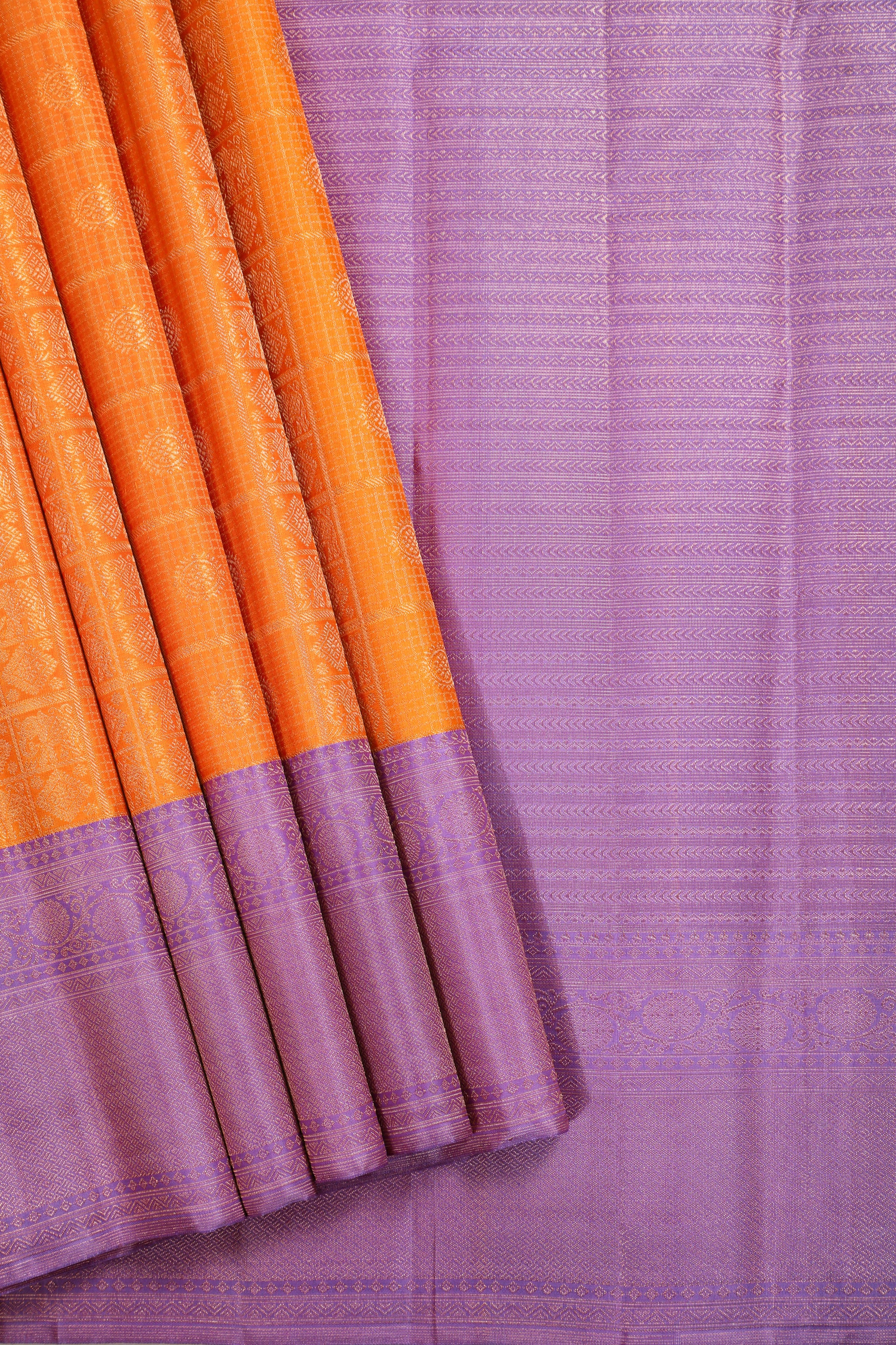 Golden Yellow Kanchipuram Pure Silk Korvai Contrast Saree with Lavender Border and Box Design
