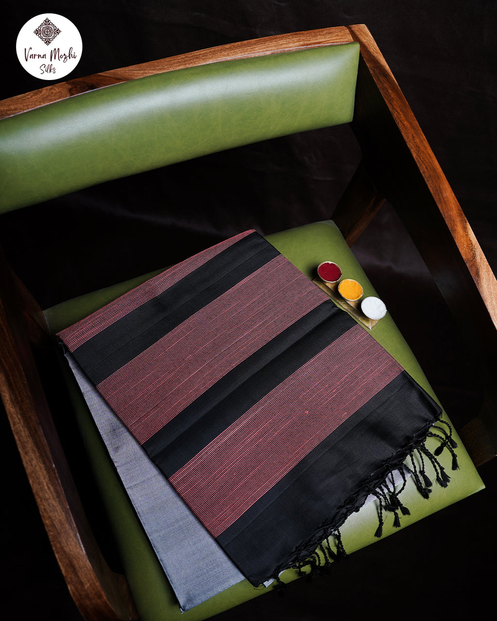 Gray Pure Silk Saree with Red & Black Double Colour Border